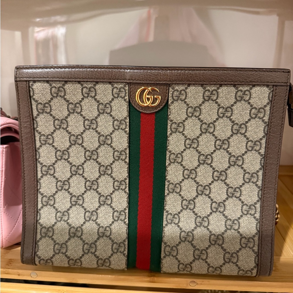 Authentic Gucci Beige GG Supreme Tote with Brown Leather Trim and Gold Hardware